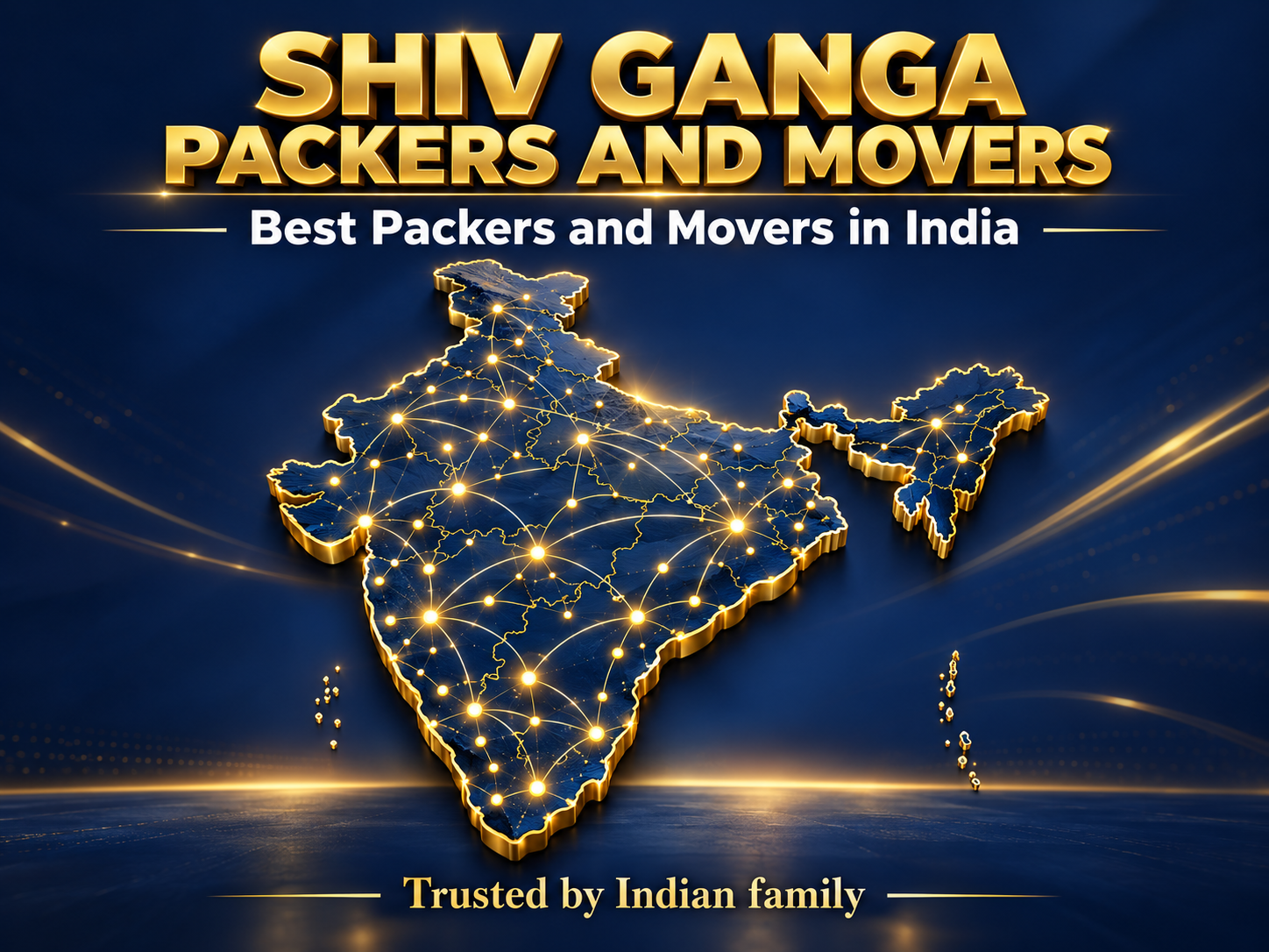 Shiv Ganga Packers and Movers — nationwide moving network illustrated on a gold and navy map of India